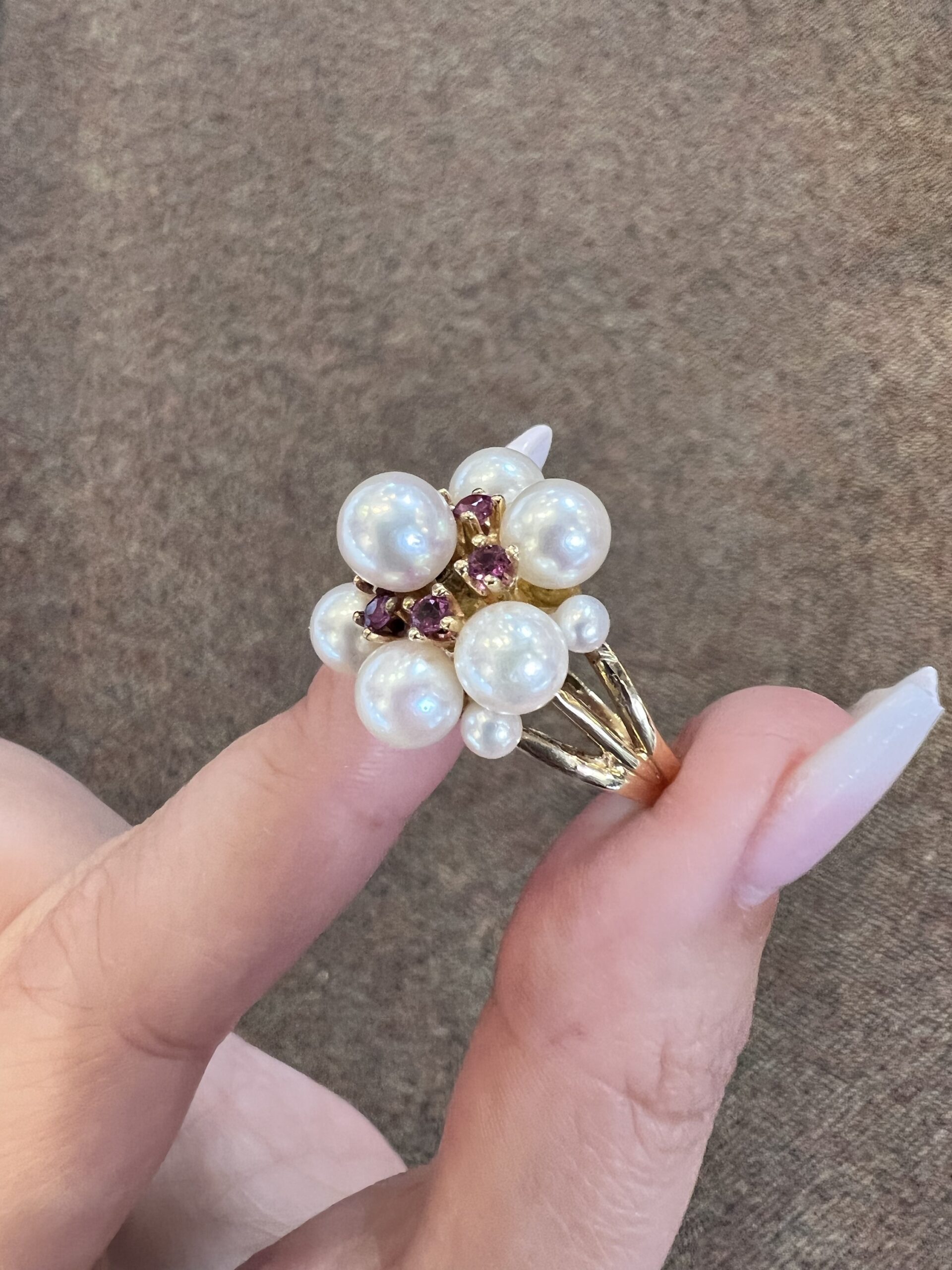 Vintage 14k Yellow Gold Cultured Pearl & Genuine Ruby Cluster Ring - Image 23