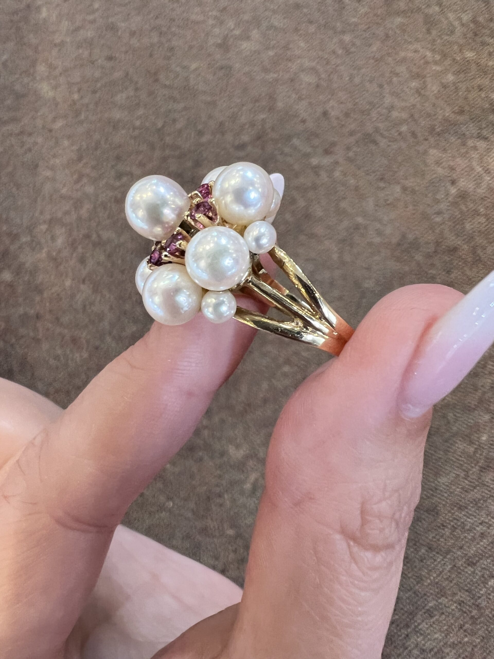 Vintage 14k Yellow Gold Cultured Pearl & Genuine Ruby Cluster Ring - Image 22
