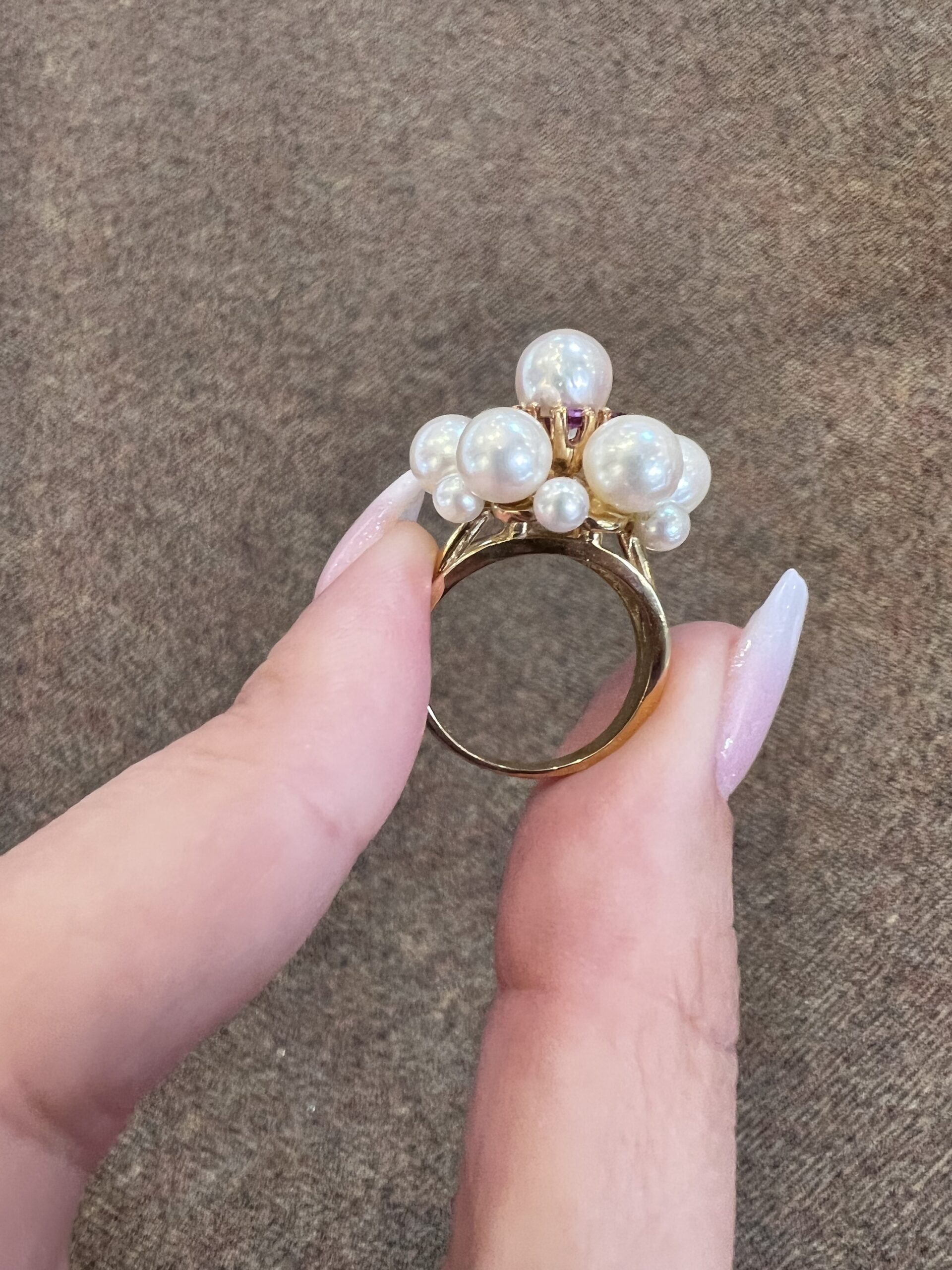 Vintage 14k Yellow Gold Cultured Pearl & Genuine Ruby Cluster Ring - Image 21