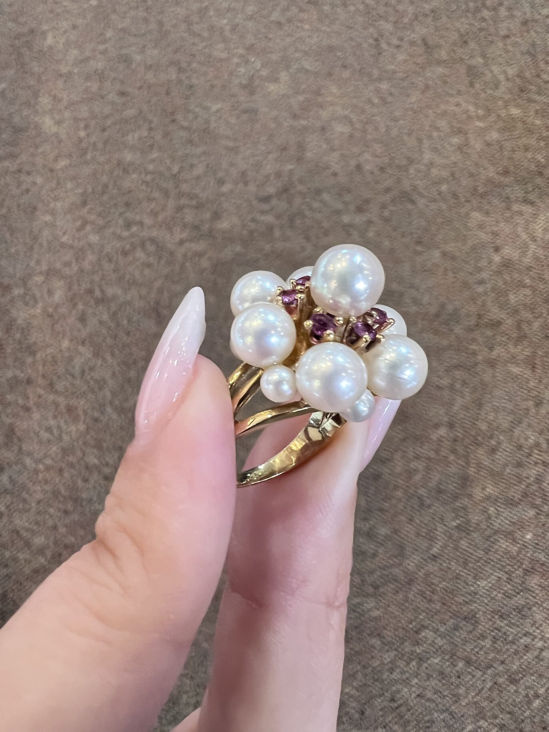 Vintage 14k Yellow Gold Cultured Pearl & Genuine Ruby Cluster Ring - Image 20