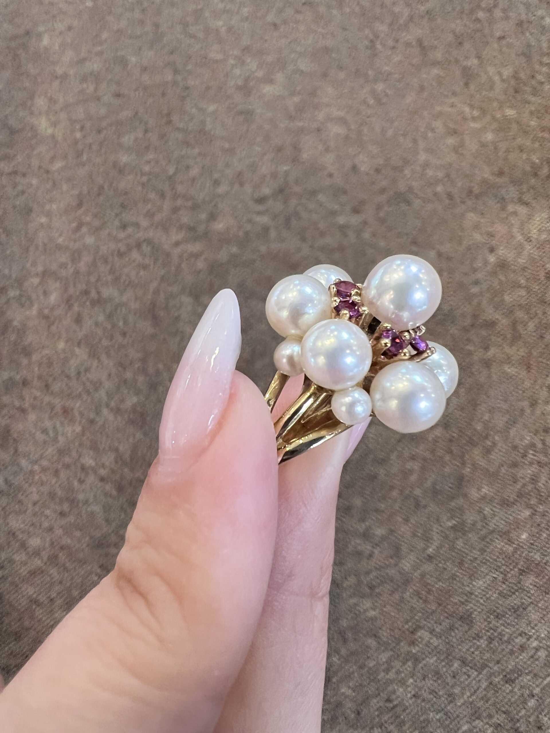 Vintage 14k Yellow Gold Cultured Pearl & Genuine Ruby Cluster Ring - Image 19