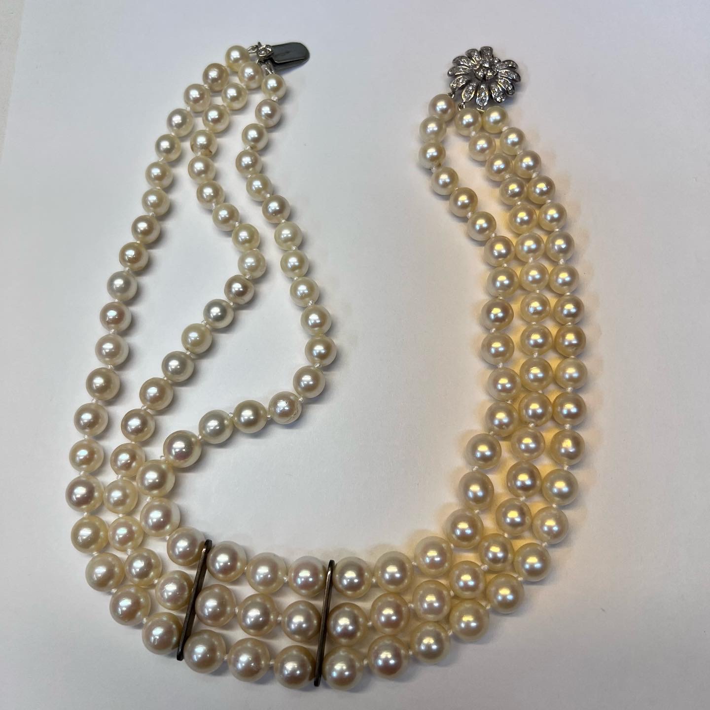 Antique 14.5” Triple Strand Cultured Pearl Choker With Diamond Flower Clasp - Image 4