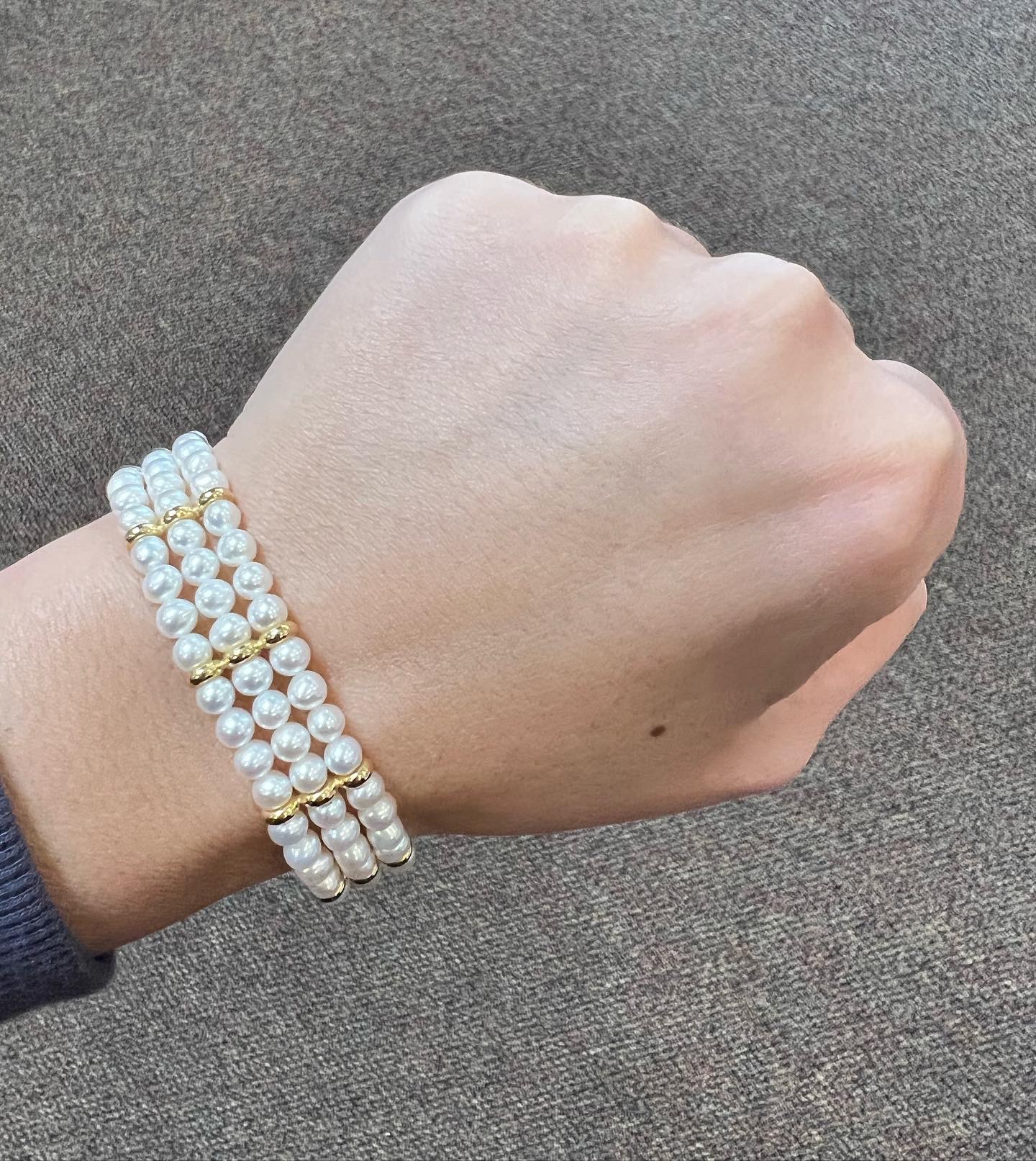 18k Yellow Gold 5 MM Cultured Freshwater Pearl Triple Strand Bracelet Imported From Italy - Image 7