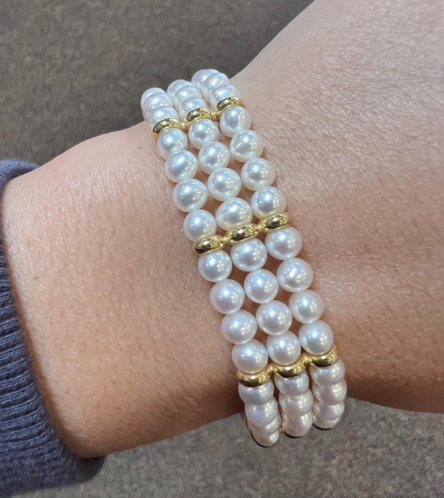 18k Yellow Gold 5 MM Cultured Freshwater Pearl Triple Strand Bracelet Imported From Italy - Image 6