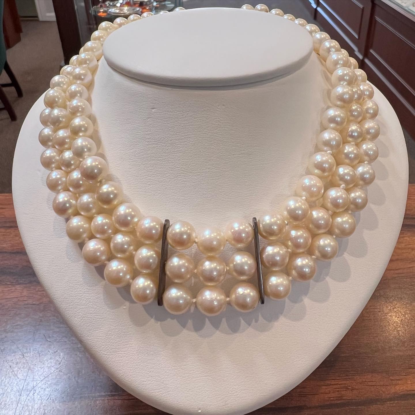 Antique 14.5” Triple Strand Cultured Pearl Choker With Diamond Flower Clasp - Image 11