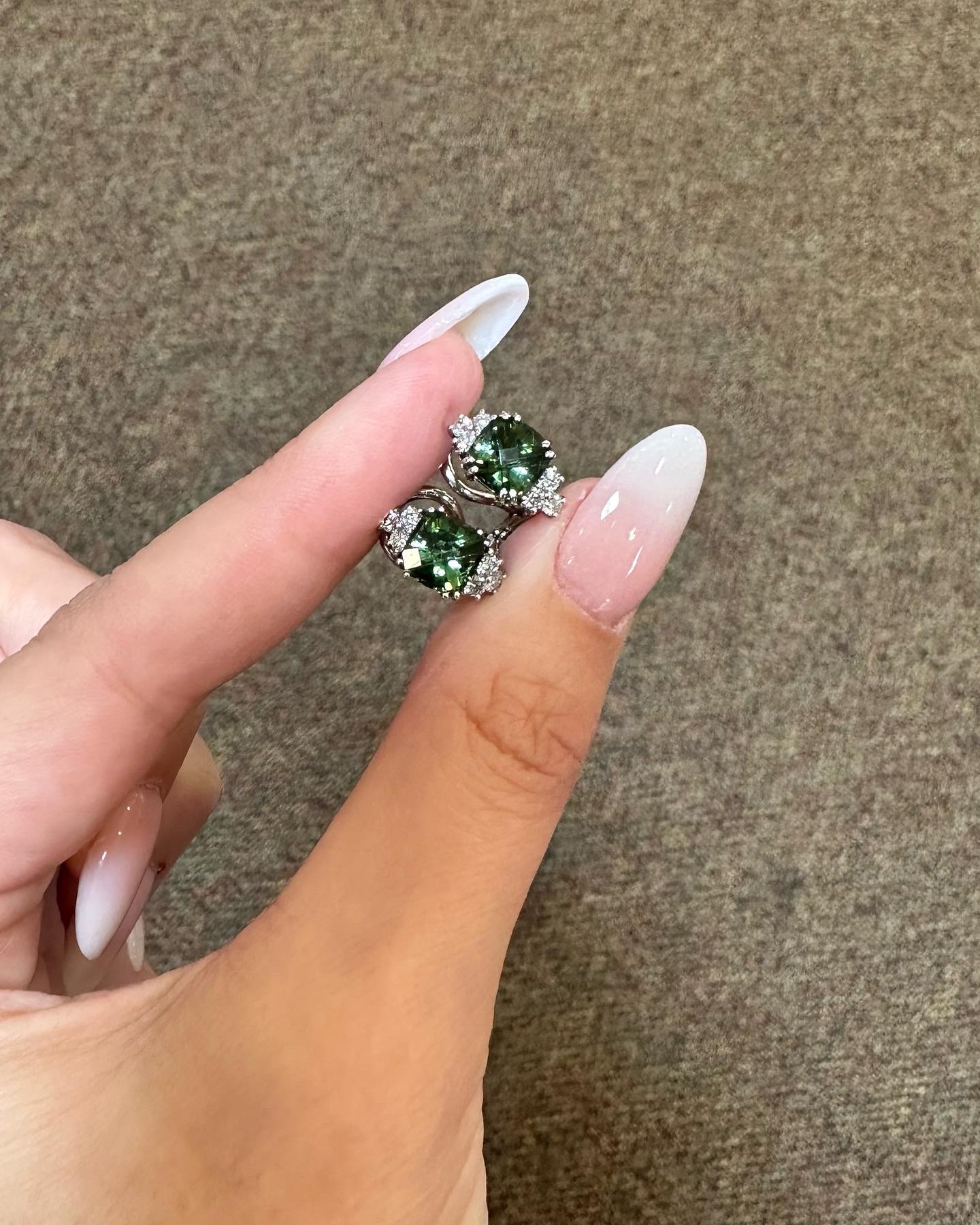 18k White Gold Genuine 3.10 Cttw Green Tourmaline & .48 Cttw Diamond Post & Clip Earrings - Image 4