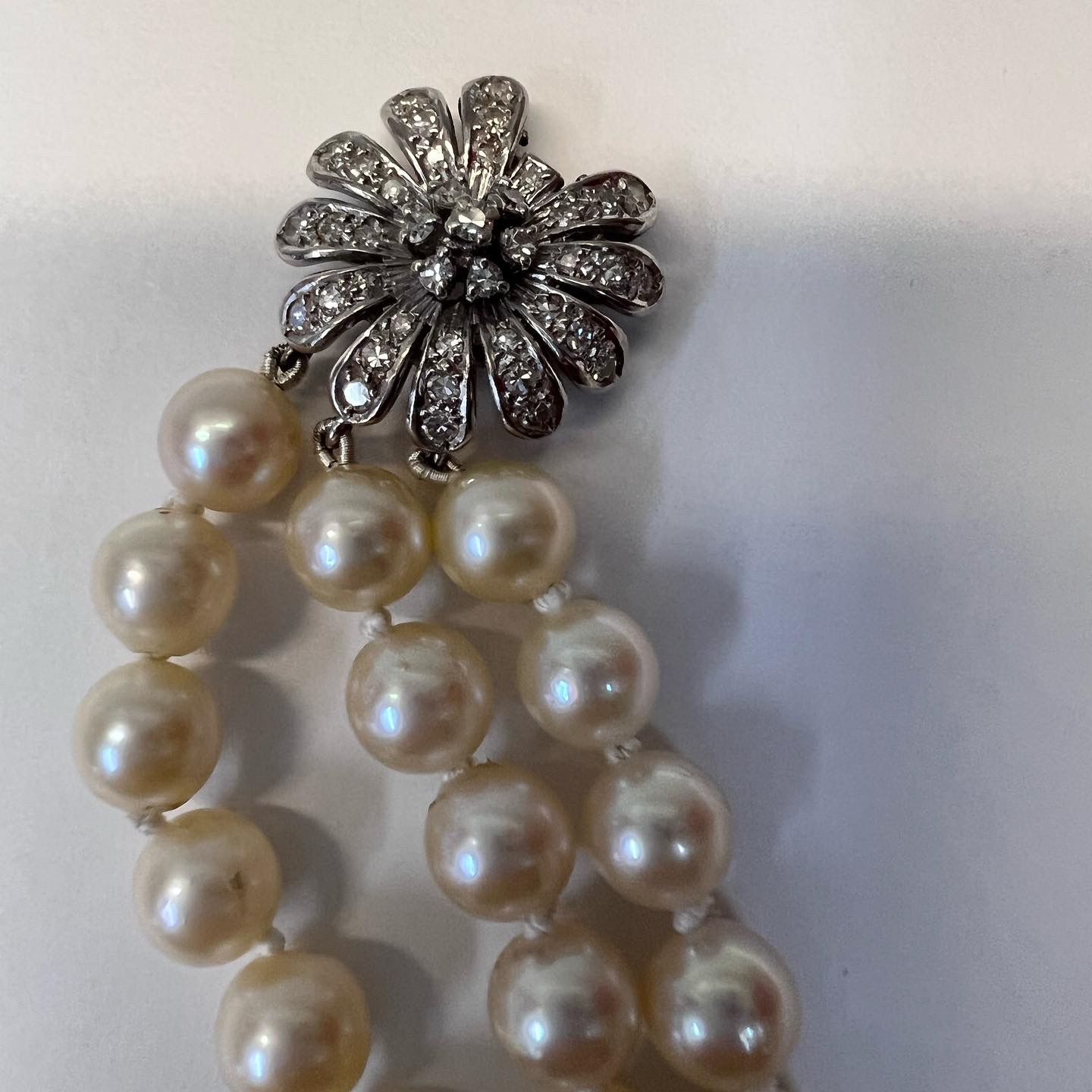 Antique 14.5” Triple Strand Cultured Pearl Choker With Diamond Flower Clasp - Image 7