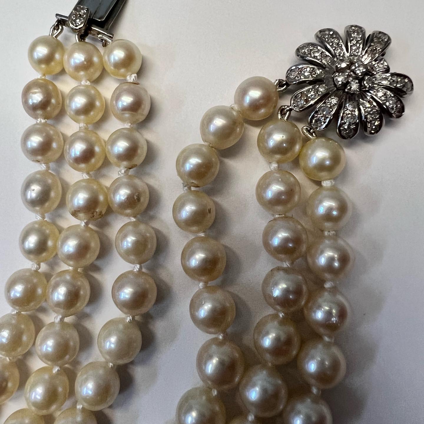 Antique 14.5” Triple Strand Cultured Pearl Choker With Diamond Flower Clasp - Image 9