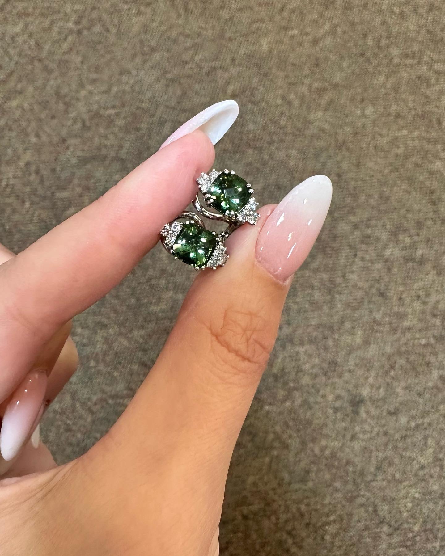 18k White Gold Genuine 3.10 Cttw Green Tourmaline & .48 Cttw Diamond Post & Clip Earrings - Image 3