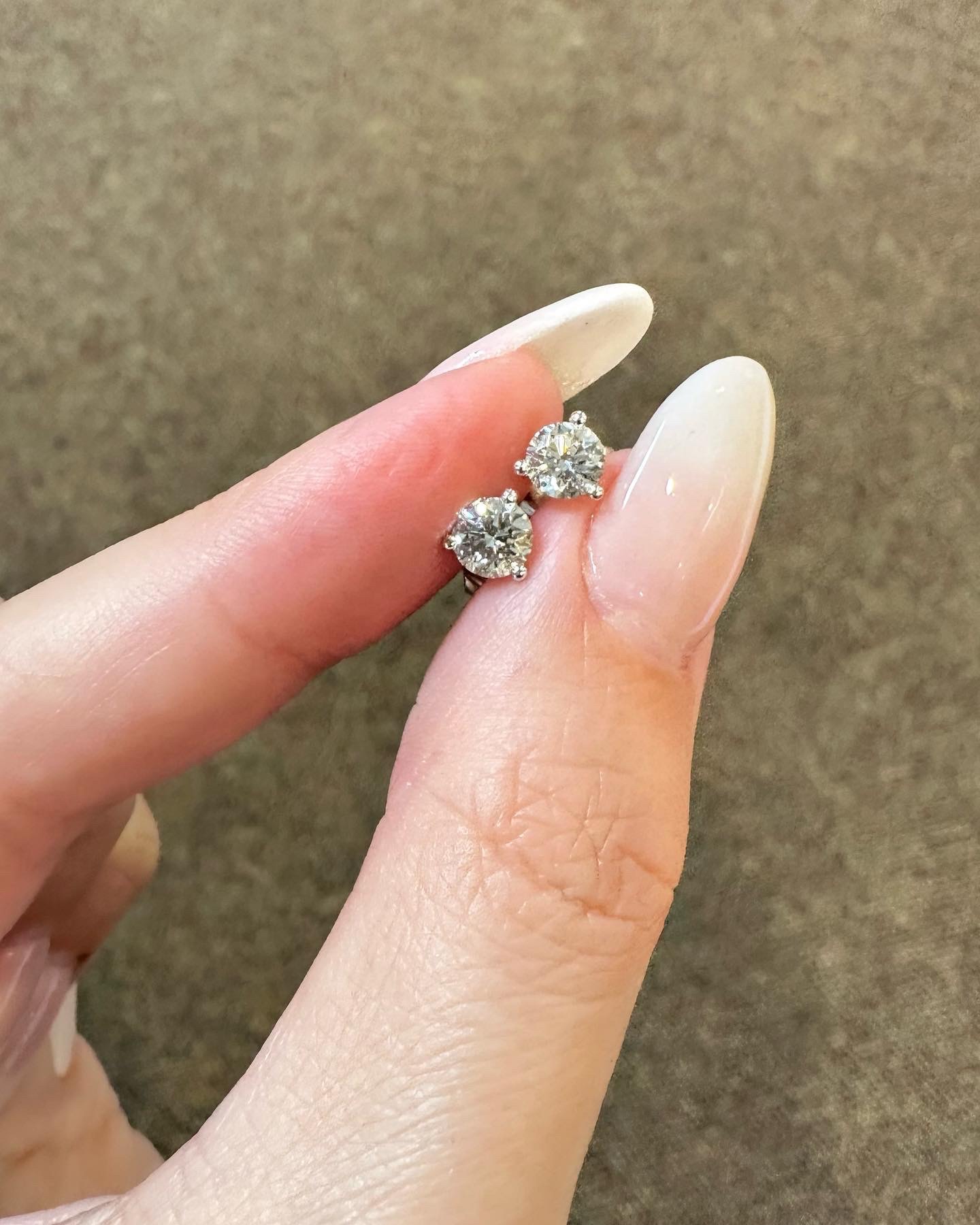 14k White Gold Genuine 1.01 Cttw Round Brilliant Cut Diamond 3 Prong Stud Earrings - Image 6