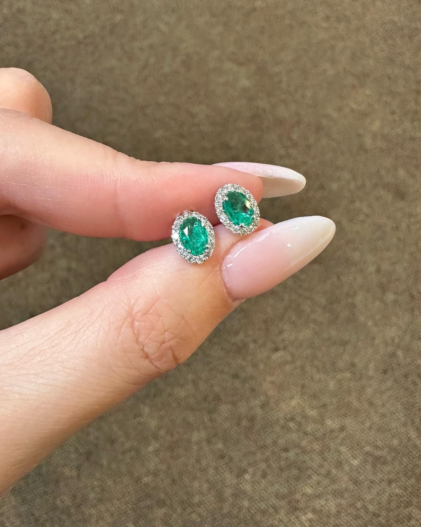 14k White Gold Genuine .82 Cttw Emerald & .19 Cttw Diamond Halo Stud Earrings - Image 2