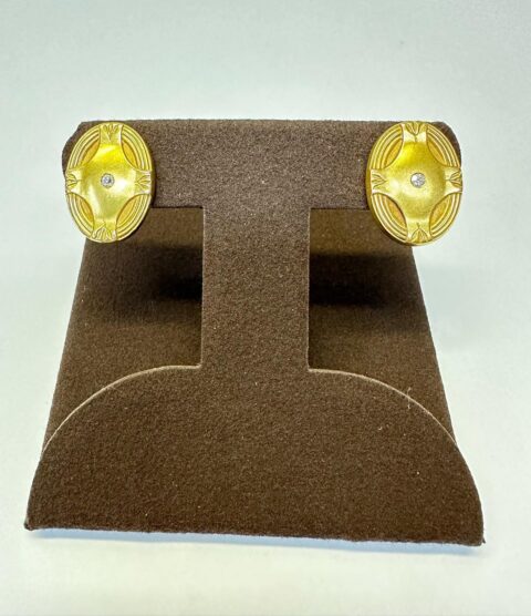 Vintage 14k Yellow Gold Etruscan Style Stud Earrings With Genuine Diamond Accents