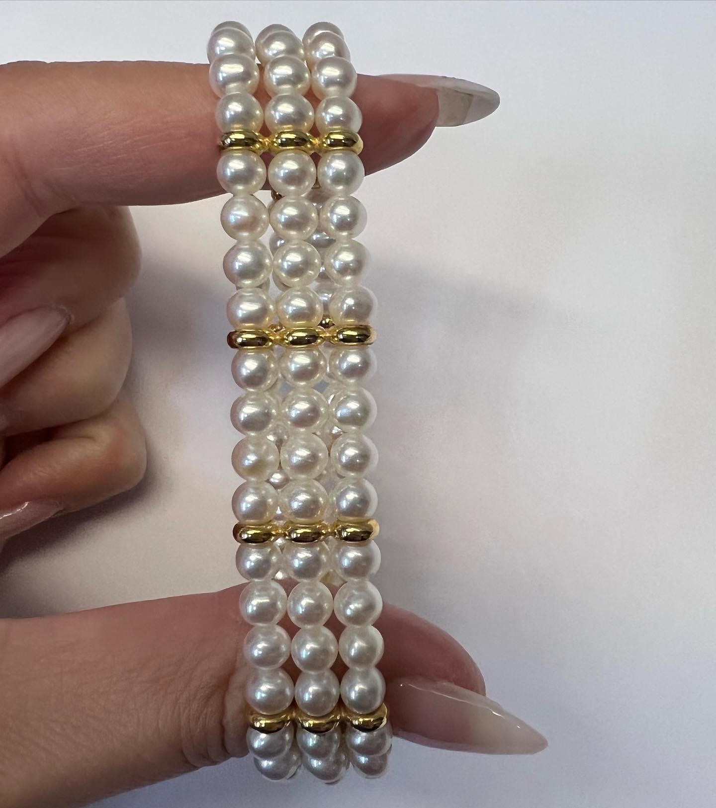 18k Yellow Gold 5 MM Cultured Freshwater Pearl Triple Strand Bracelet Imported From Italy - Image 4