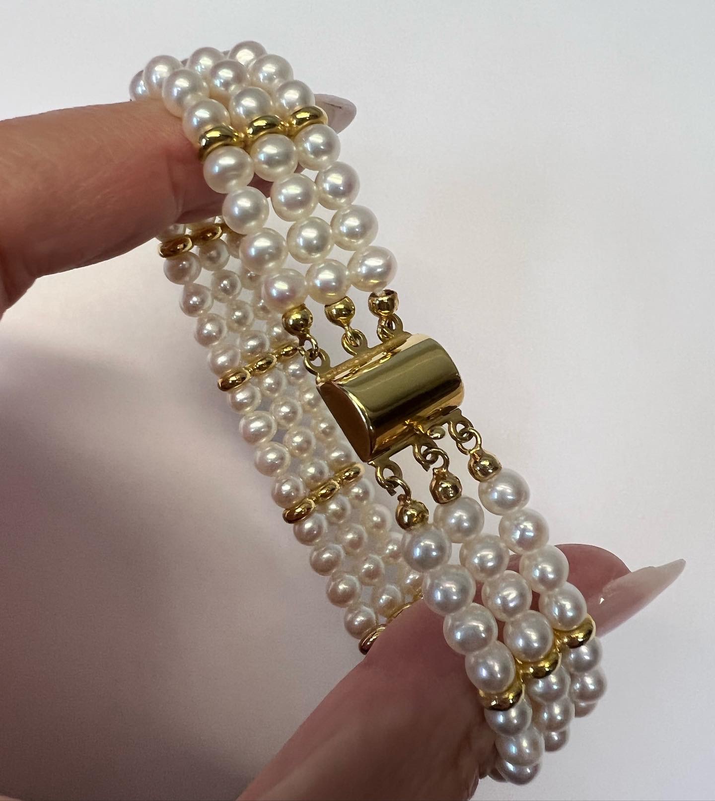 18k Yellow Gold 5 MM Cultured Freshwater Pearl Triple Strand Bracelet Imported From Italy - Image 2