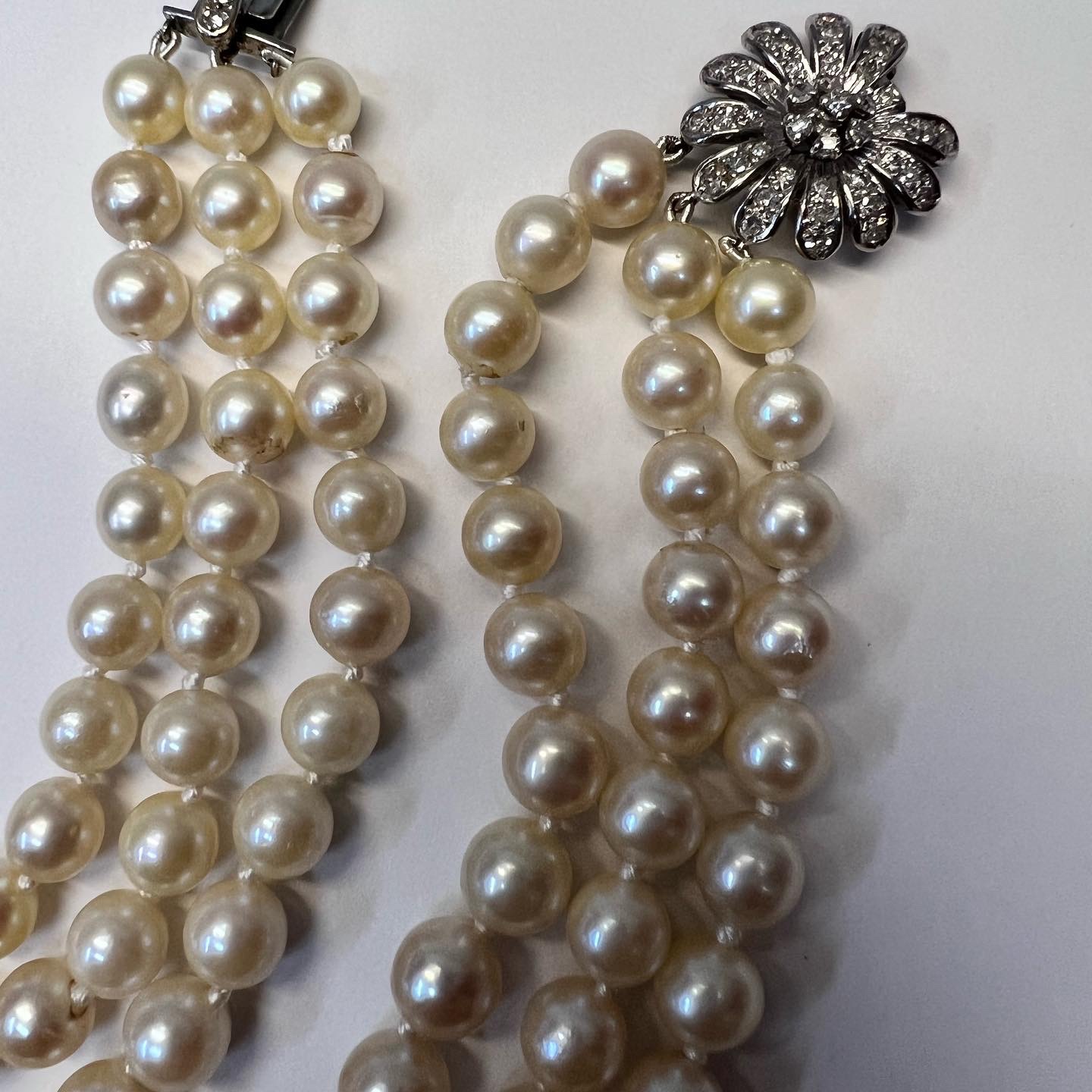 Antique 14.5” Triple Strand Cultured Pearl Choker With Diamond Flower Clasp - Image 8