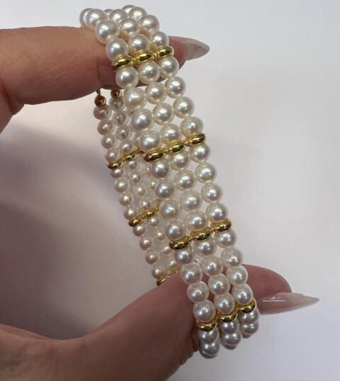 18k Yellow Gold 5 MM Cultured Freshwater Pearl Triple Strand Bracelet Imported From Italy