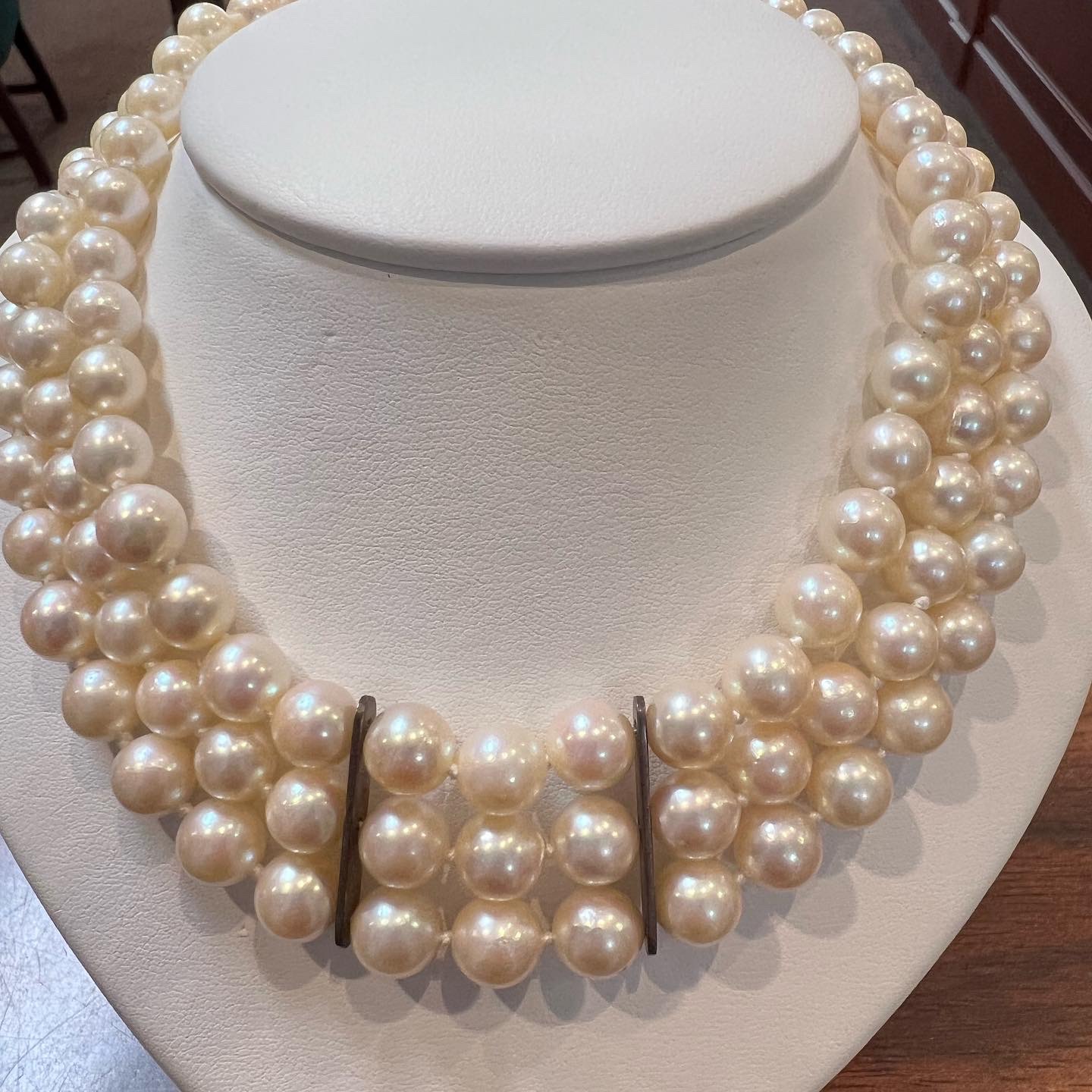 Antique 14.5” Triple Strand Cultured Pearl Choker With Diamond Flower Clasp - Image 10