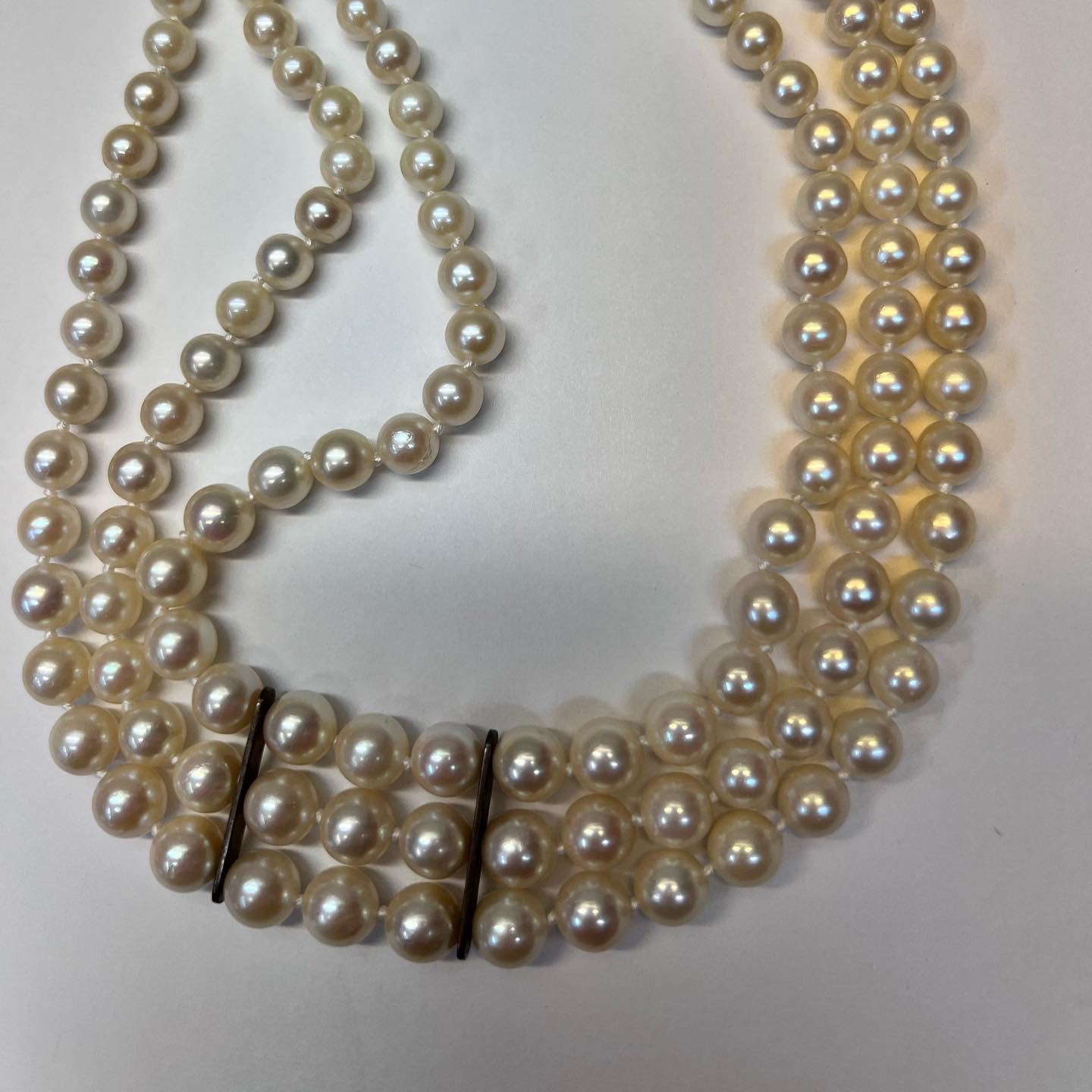 Antique 14.5” Triple Strand Cultured Pearl Choker With Diamond Flower Clasp - Image 5