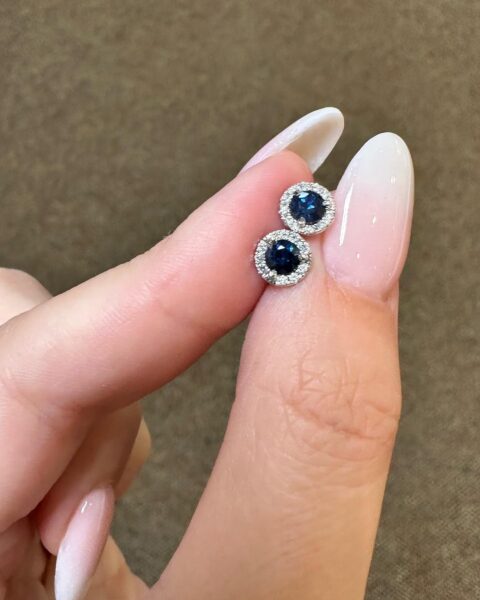 14k White Gold Genuine .60 Cttw Sapphire & .11 Cttw Round Brilliant Cut Diamond Halo Stud Earrings