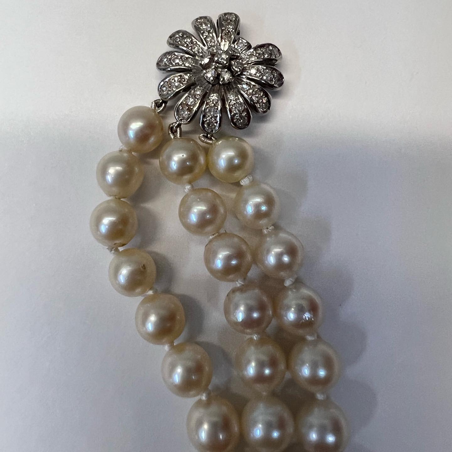 Antique 14.5” Triple Strand Cultured Pearl Choker With Diamond Flower Clasp - Image 6