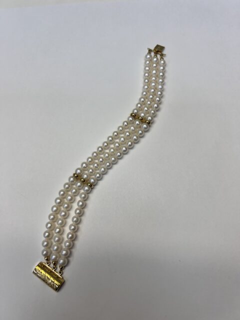 18k Yellow Gold Triple Strand 6 MM Cultured Saltwater Pearl Bracelet