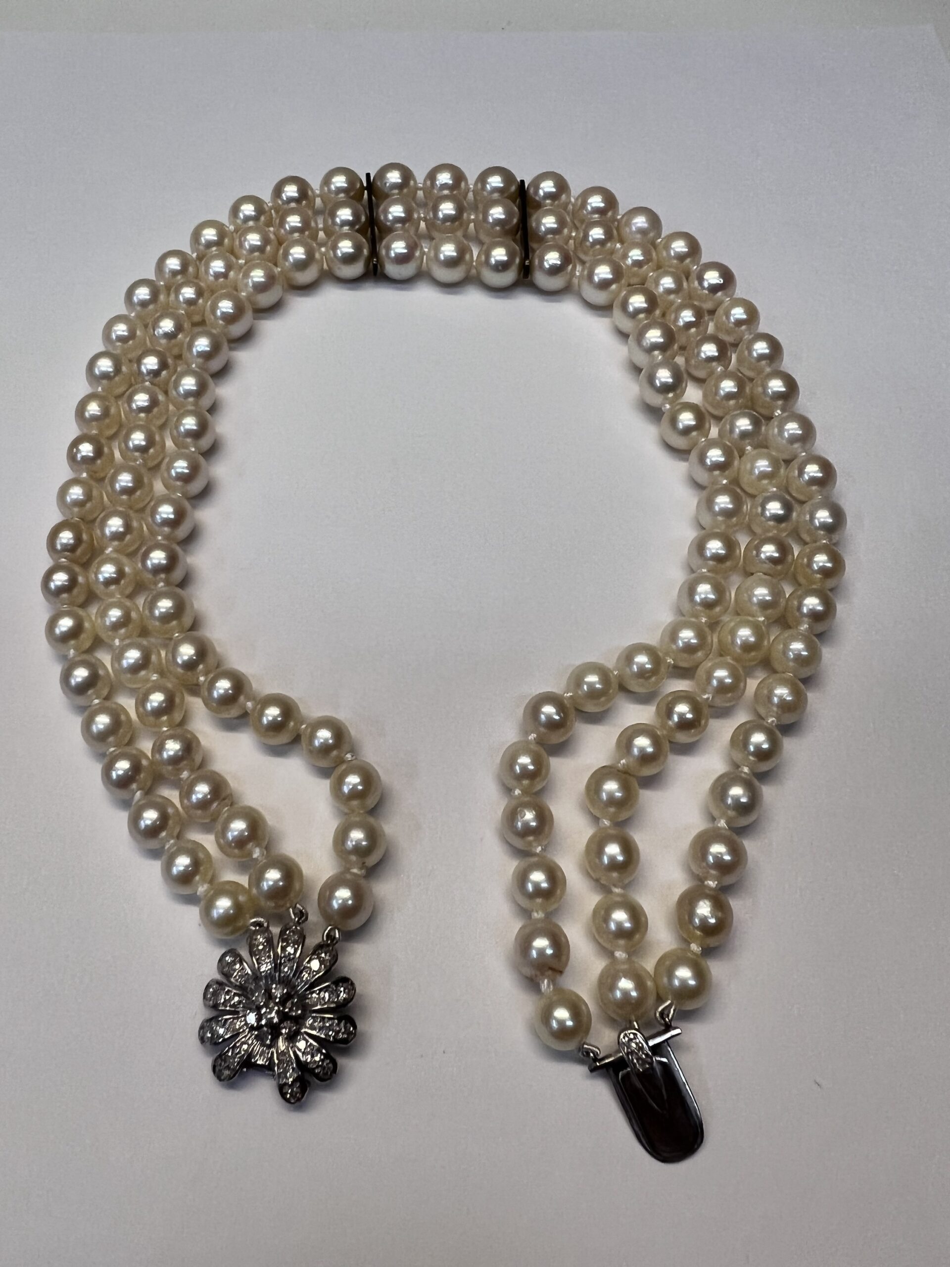 Antique 14.5” Triple Strand Cultured Pearl Choker With Diamond Flower Clasp - Image 2