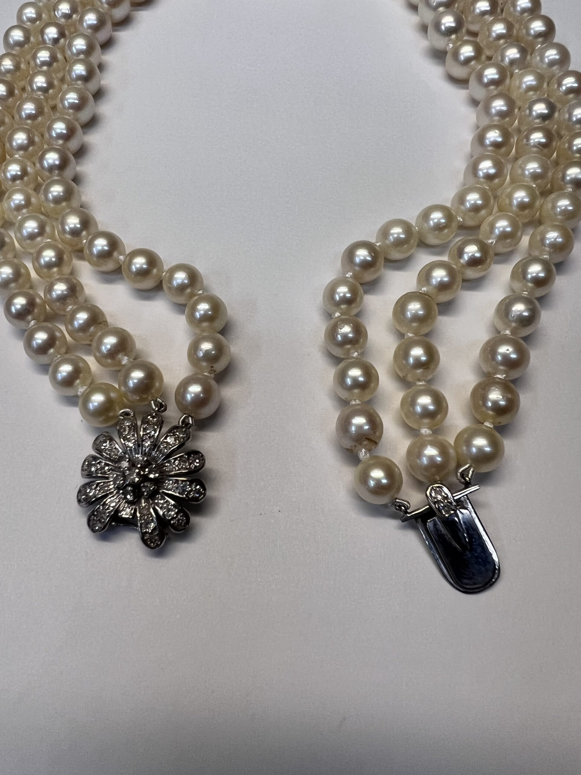 Antique 14.5” Triple Strand Cultured Pearl Choker With Diamond Flower Clasp - Image 3