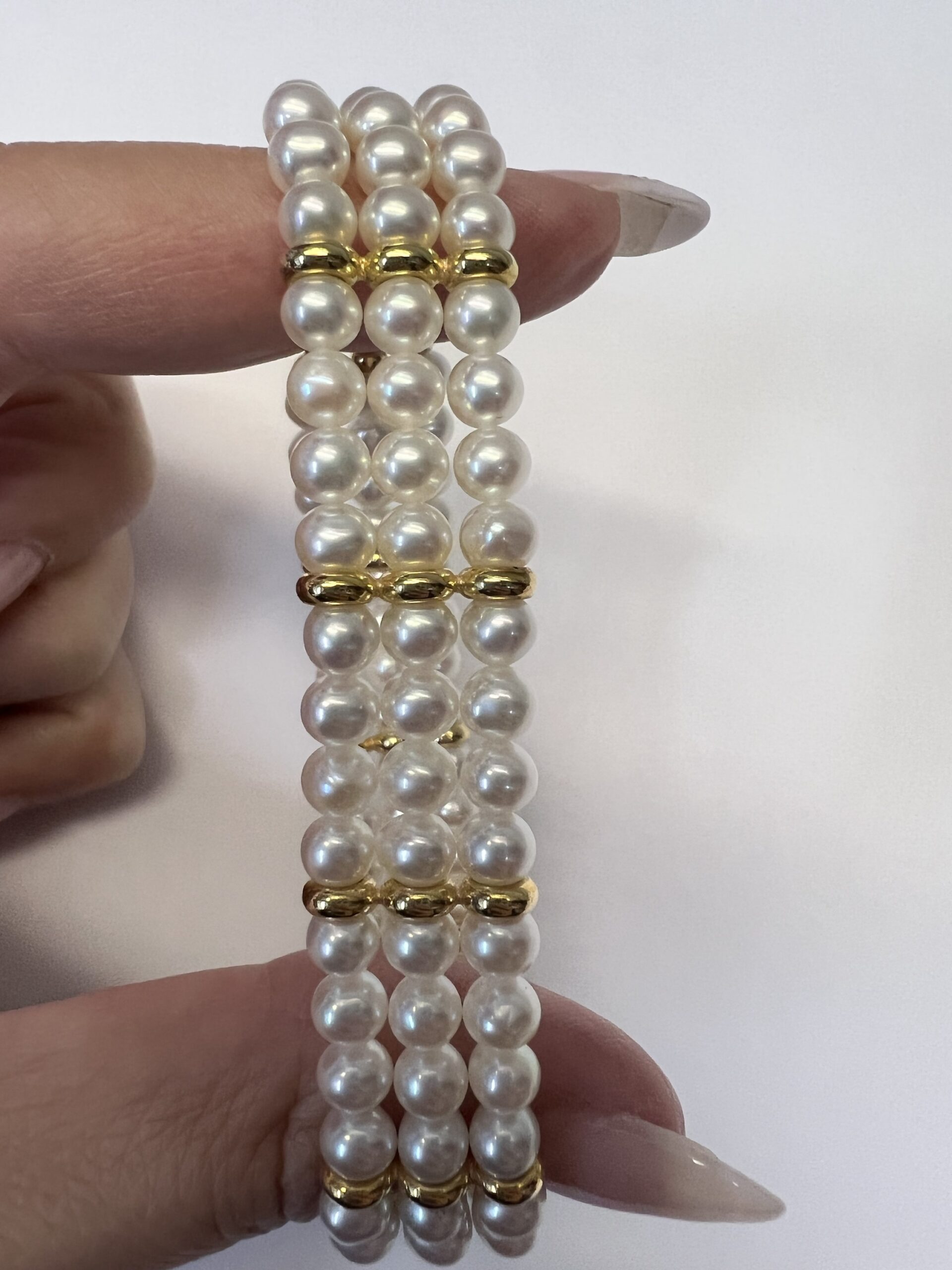 18k Yellow Gold 5 MM Cultured Freshwater Pearl Triple Strand Bracelet Imported From Italy - Image 19