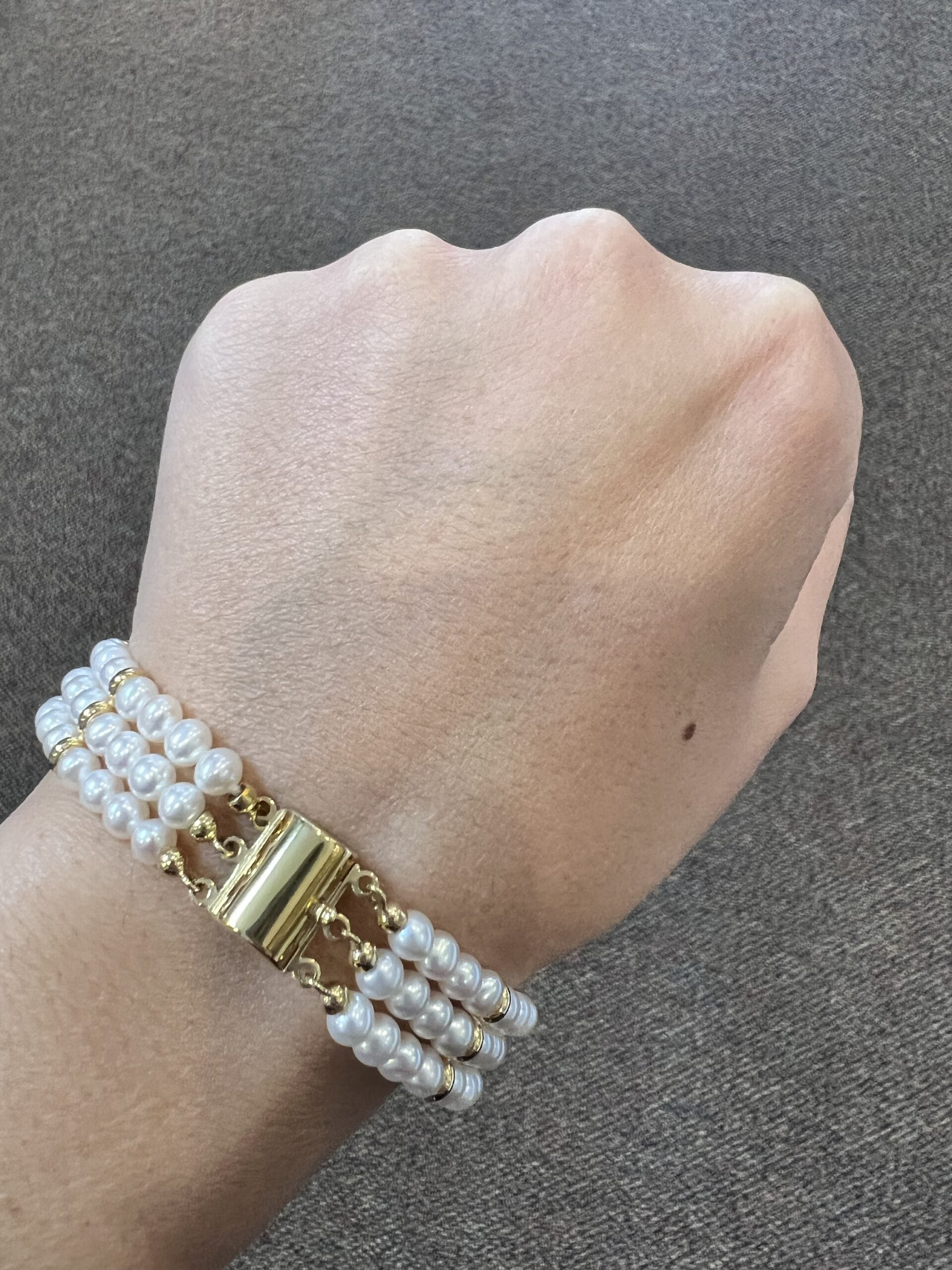 18k Yellow Gold 5 MM Cultured Freshwater Pearl Triple Strand Bracelet Imported From Italy - Image 18