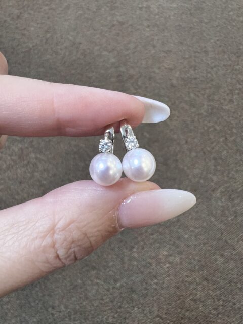 18k White Gold 7.5 MM Cultured Akoya Pearl & .18 Cttw Diamond Dangle Earrings