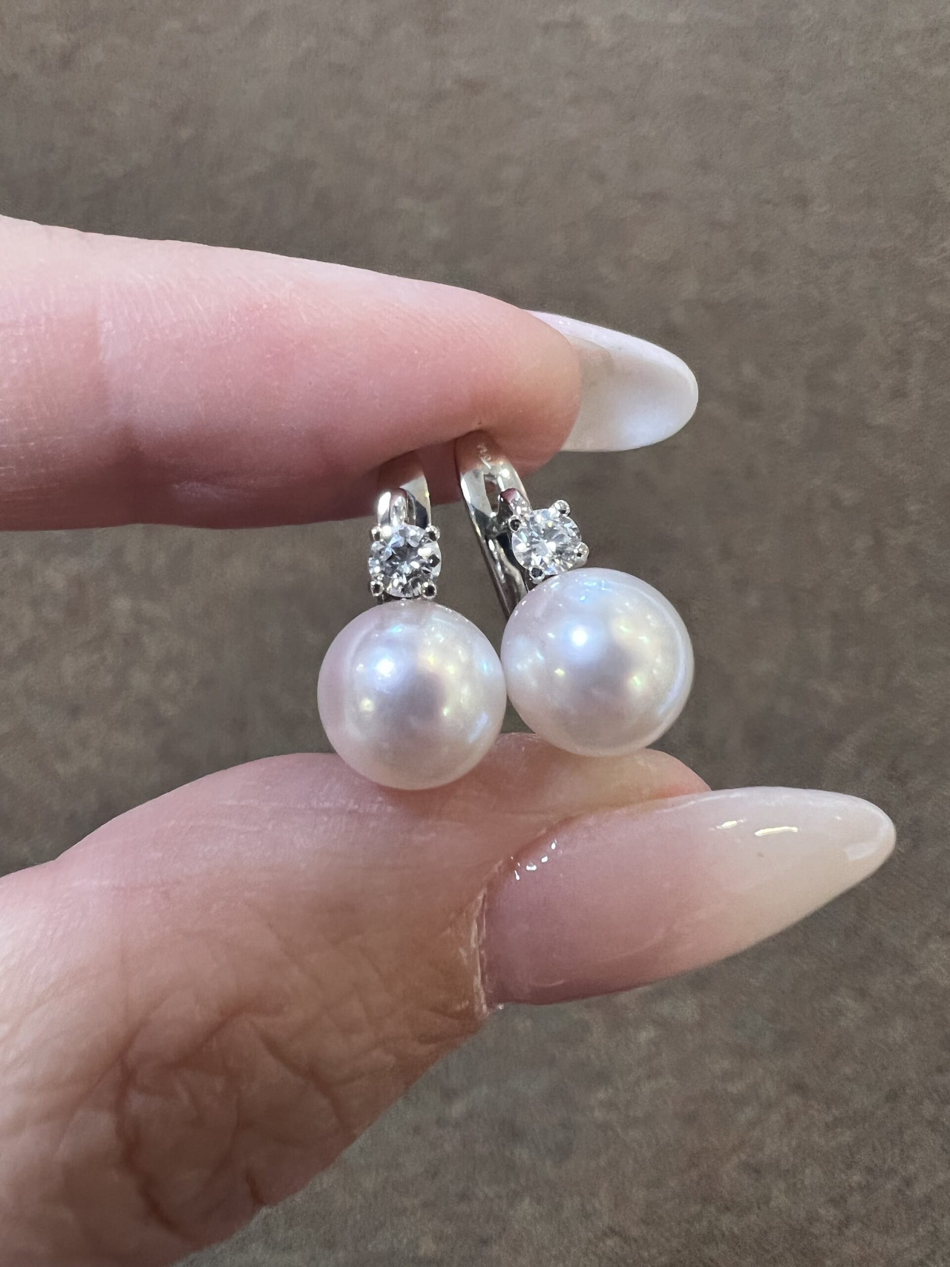 18k White Gold 7.5 MM Cultured Akoya Pearl & .18 Cttw Diamond Dangle Earrings - Image 2