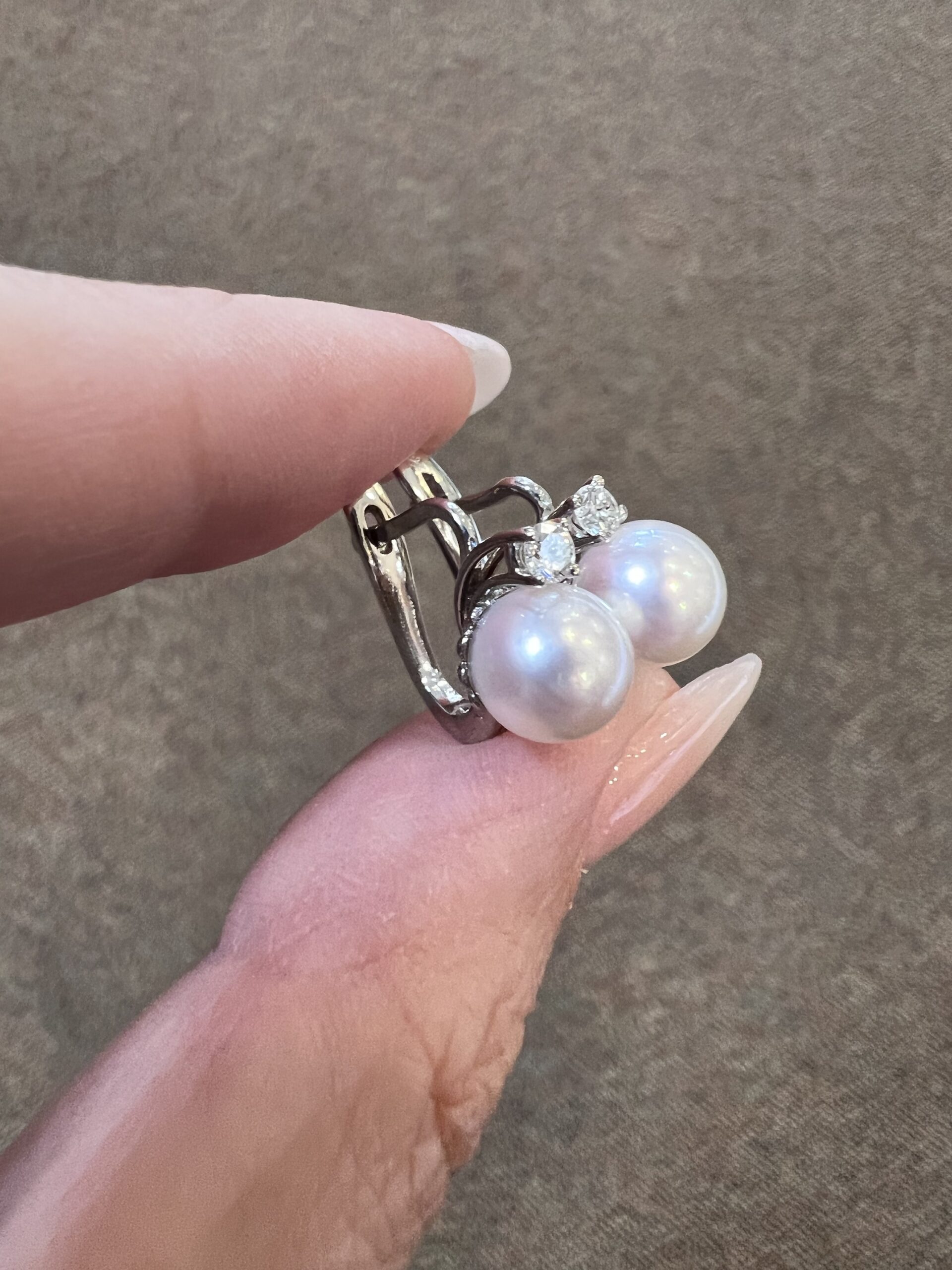 18k White Gold 7.5 MM Cultured Akoya Pearl & .18 Cttw Diamond Dangle Earrings - Image 9