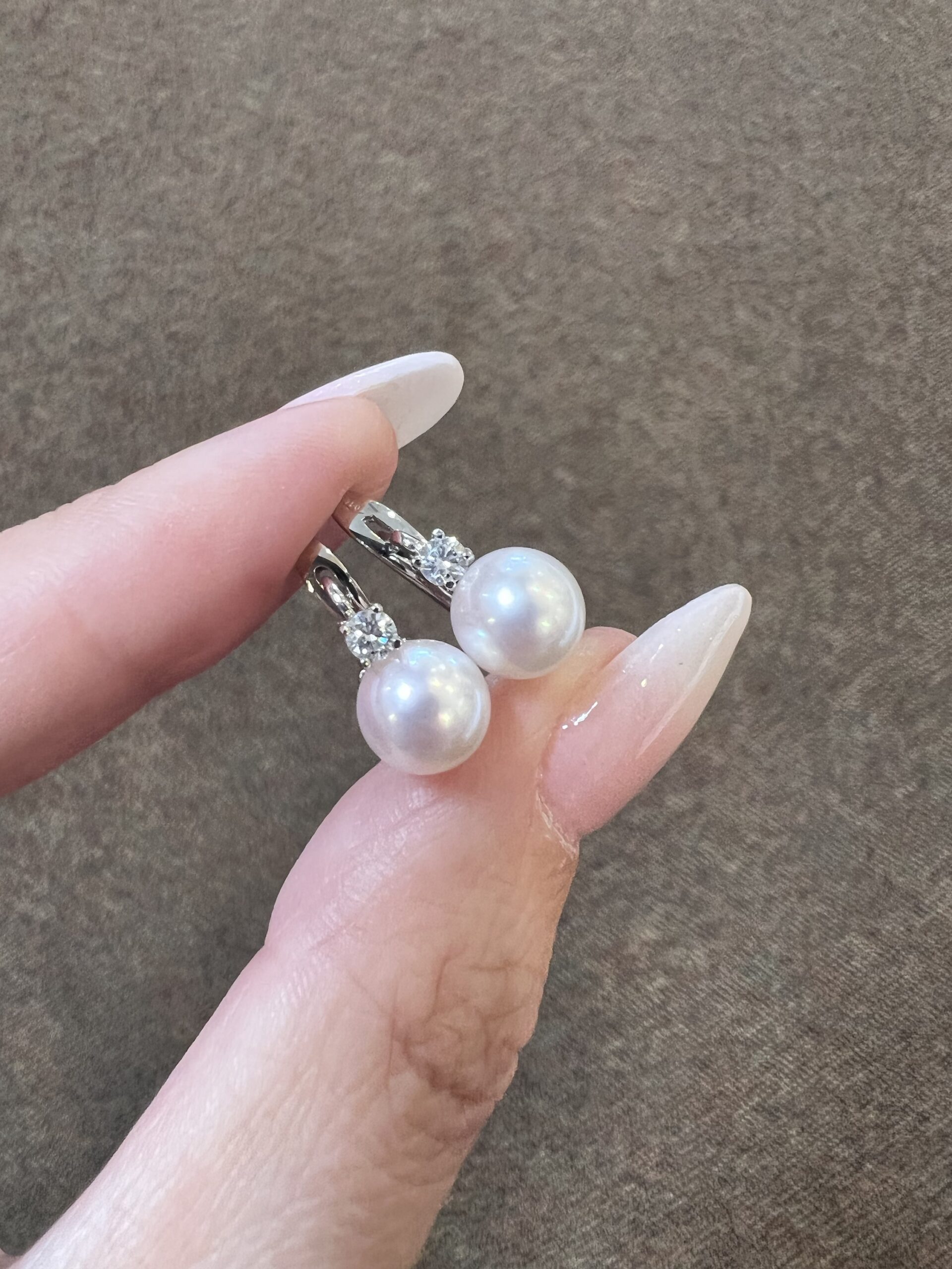 18k White Gold 7.5 MM Cultured Akoya Pearl & .18 Cttw Diamond Dangle Earrings - Image 3