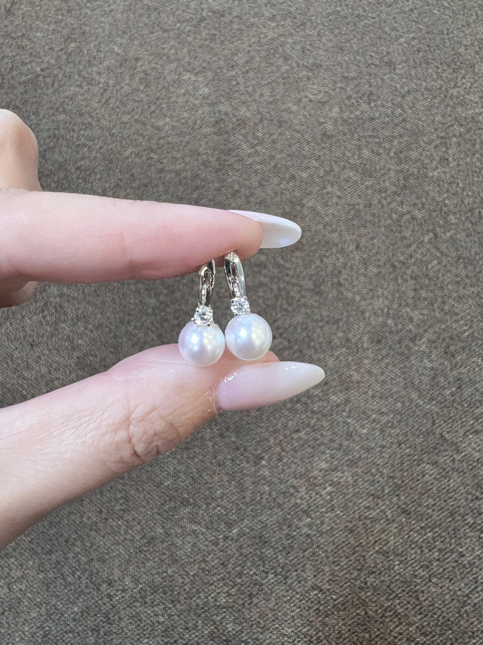 18k White Gold 7.5 MM Cultured Akoya Pearl & .18 Cttw Diamond Dangle Earrings - Image 6