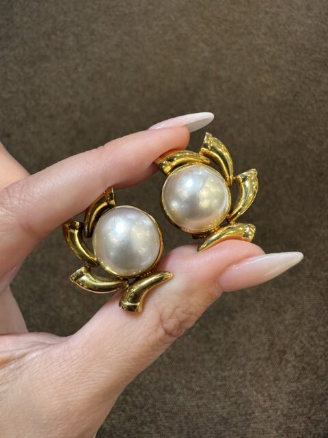 18k Yellow Gold 16 MM Mabe Pearl Freeform Post & Clip Earrings From Italy