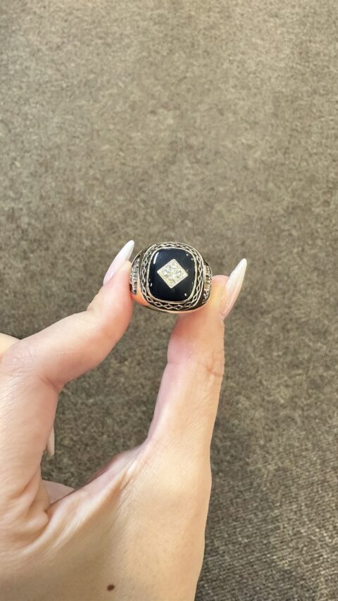 Gent’s 10K Yellow Gold “Canadian Club” Genuine Onyx & 1/3 Cttw Diamond Ring