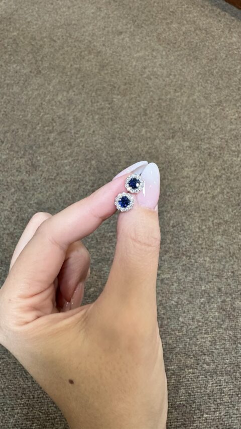 14k White Gold Genuine .81 Cttw Ceylon Sapphire & .40 Cttw Genuine Round Brilliant Cut Diamond Halo Stud Earrings