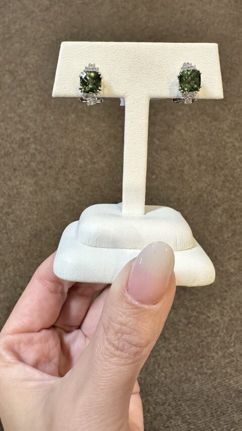 18k White Gold Genuine 3.10 Cttw Green Tourmaline & .48 Cttw Diamond Post & Clip Earrings