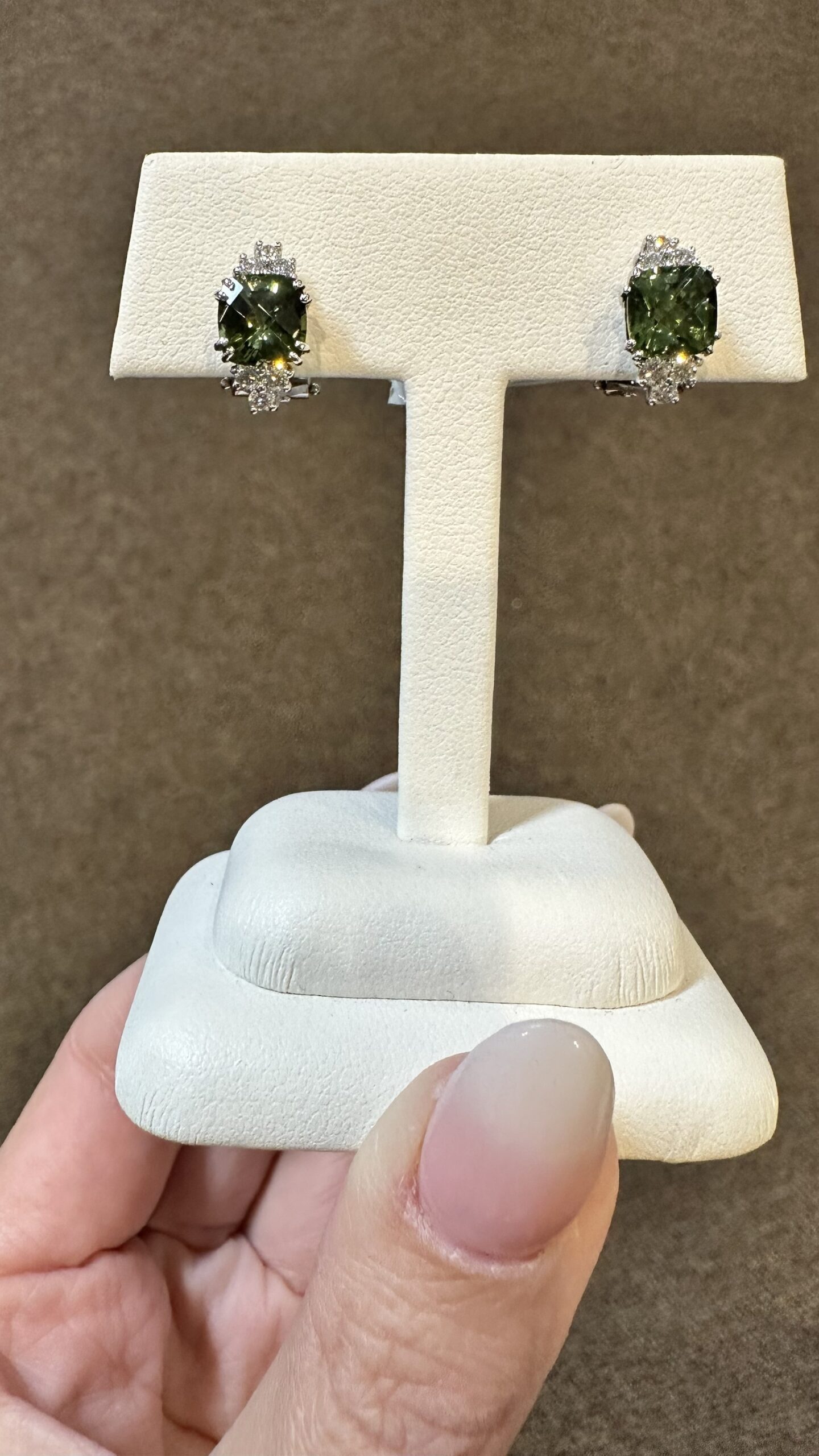 18k White Gold Genuine 3.10 Cttw Green Tourmaline & .48 Cttw Diamond Post & Clip Earrings - Image 2