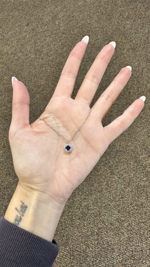 14k White Gold Genuine .46 Cttw Sapphire & .24 Cttw Round Brilliant Cut Diamond Cluster Pendant