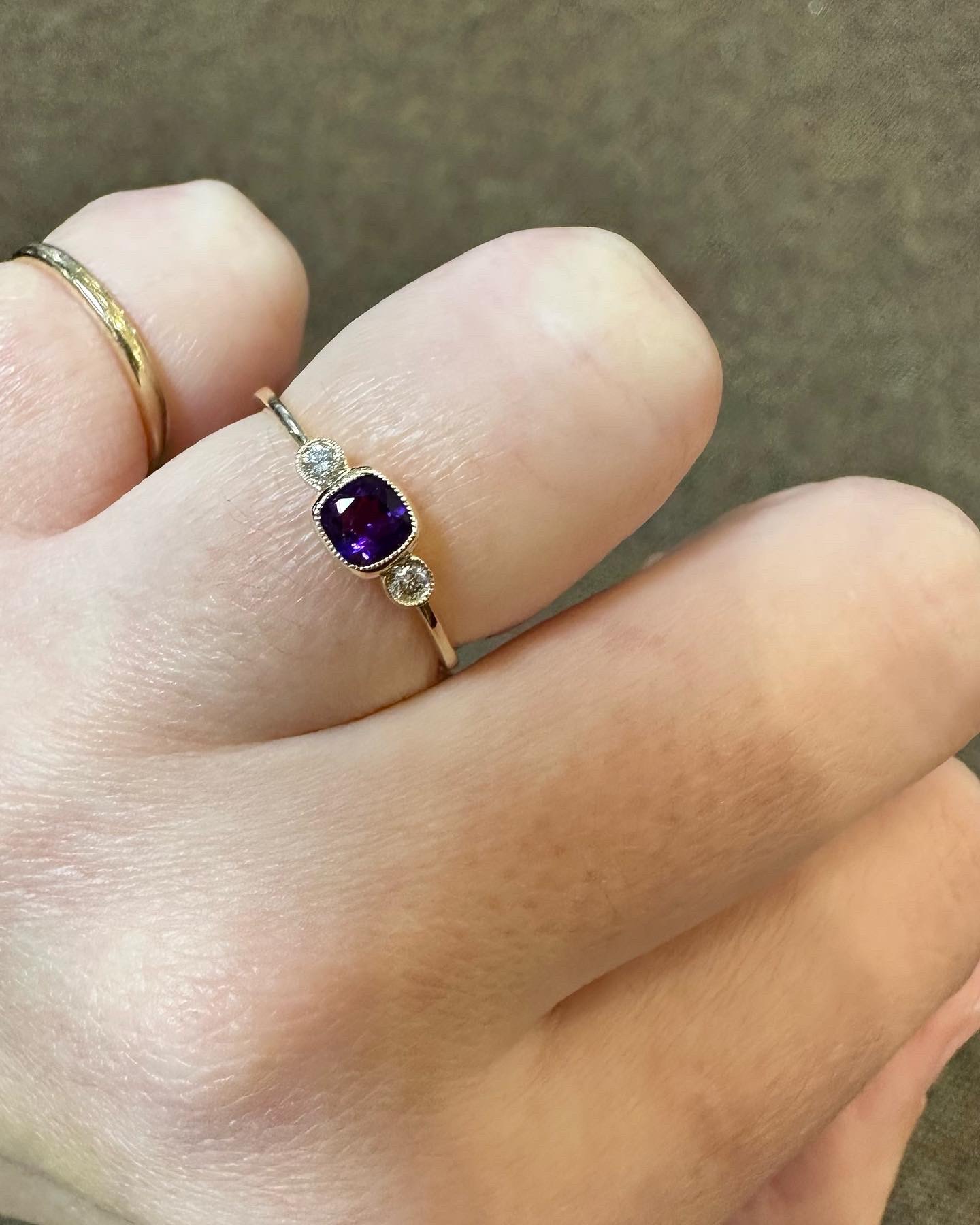 14k Yellow Gold Genuine .30 Cttw Amethyst & Diamond 3 Stone Ring - Image 16