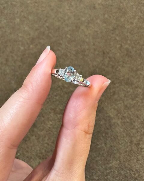 14k White Gold Genuine .53 Cttw Aquamarine & Diamond 3 Stone Ring