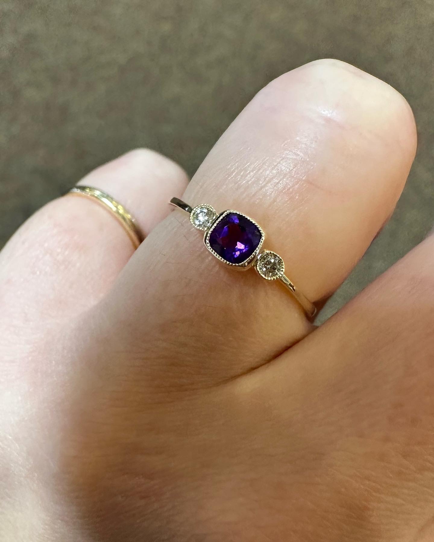 14k Yellow Gold Genuine .30 Cttw Amethyst & Diamond 3 Stone Ring - Image 11