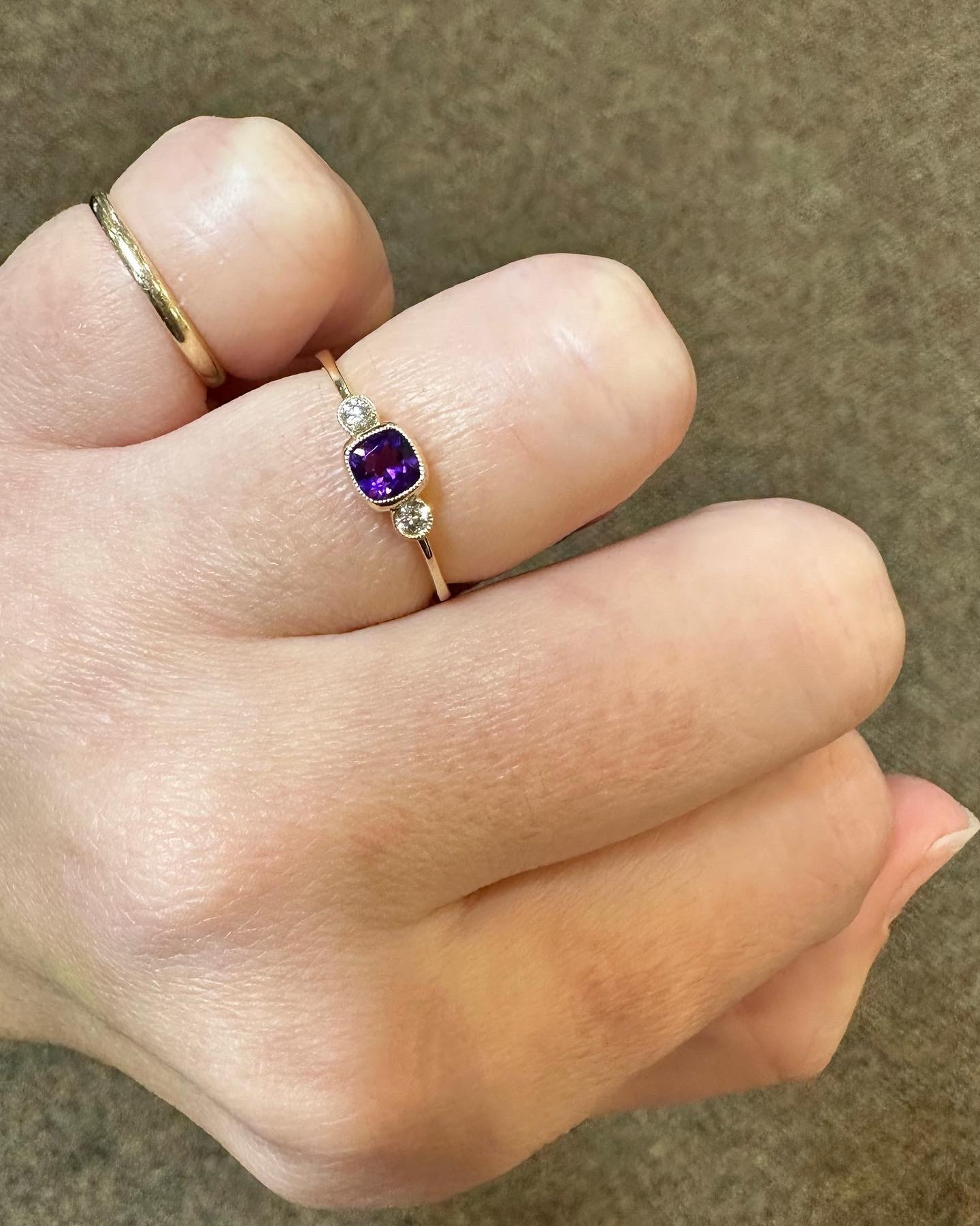 14k Yellow Gold Genuine .30 Cttw Amethyst & Diamond 3 Stone Ring - Image 15