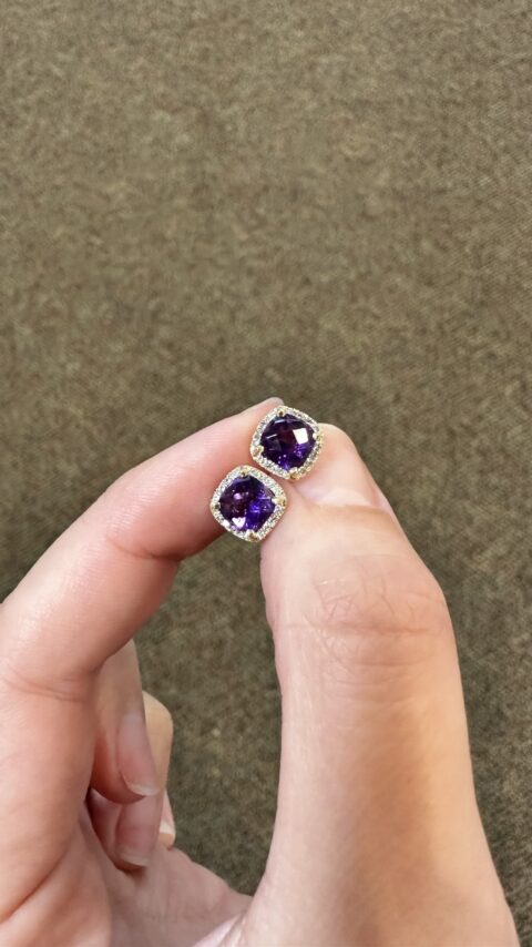 14k Yellow Gold Genuine 1.70 Cttw Amethyst & .17 Cttw Diamond Halo Stud Earrings