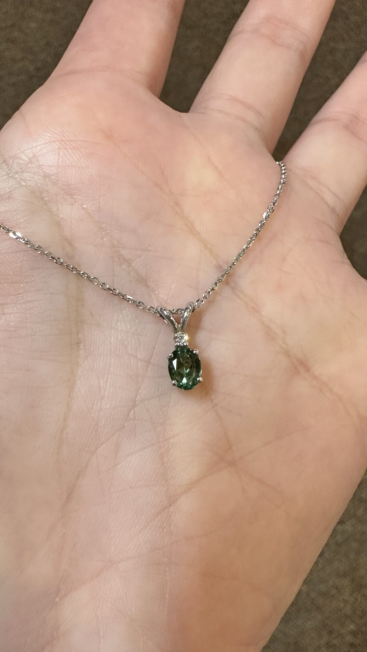 14k White Gold Genuine .52 Cttw Green Tourmaline & Diamond Pendant