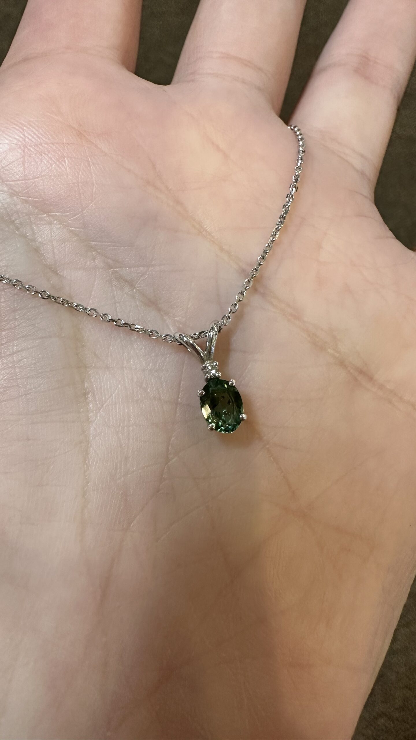 14k White Gold Genuine .52 Cttw Green Tourmaline & Diamond Pendant - Image 3