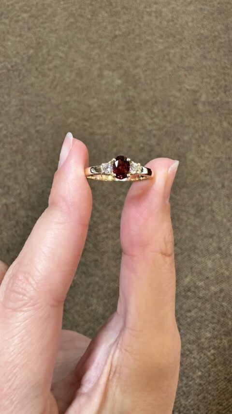 14k Yellow Gold Genuine .60 Cttw Garnet & Diamond 3 Stone Ring