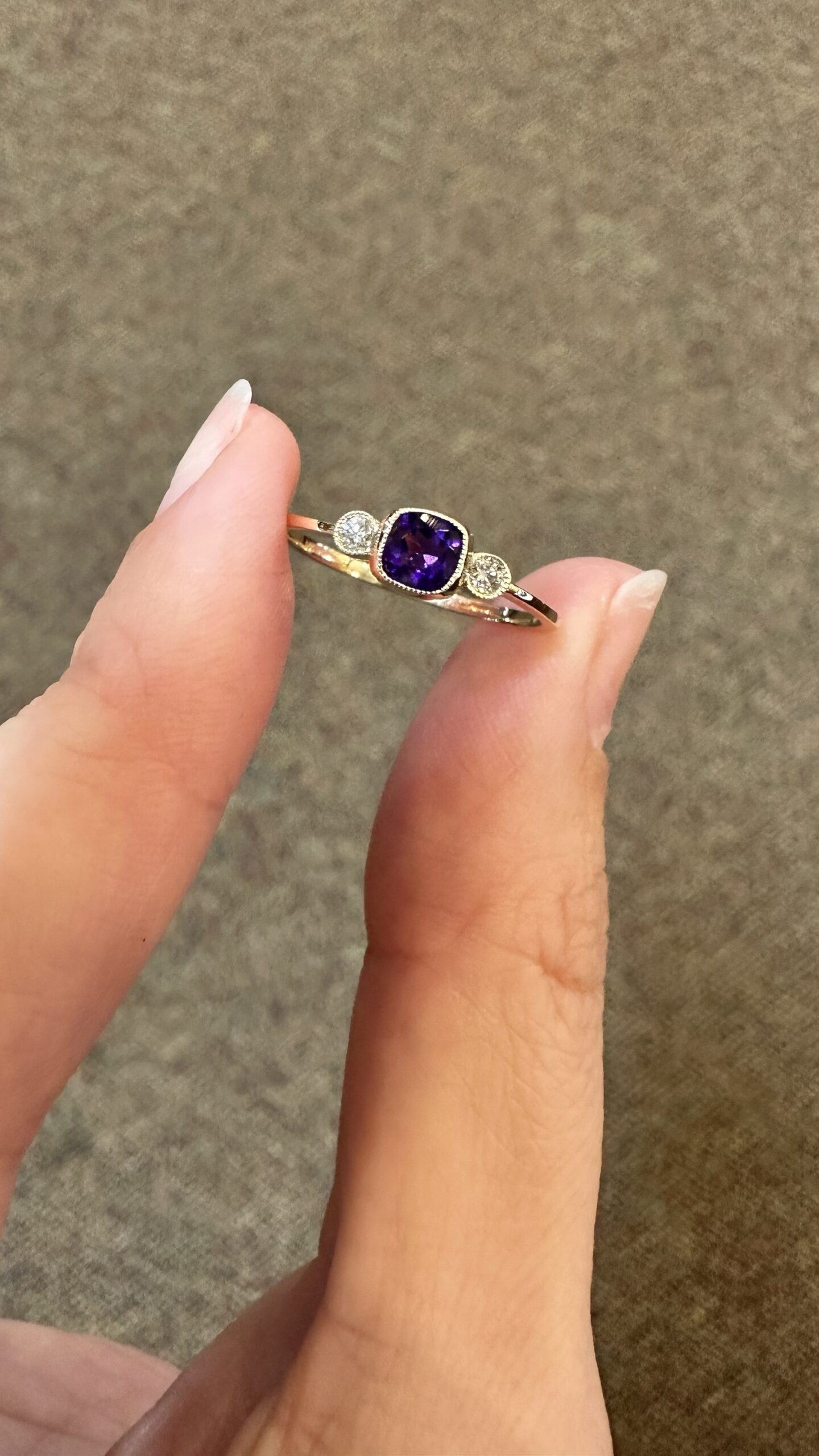 14k Yellow Gold Genuine .30 Cttw Amethyst & Diamond 3 Stone Ring