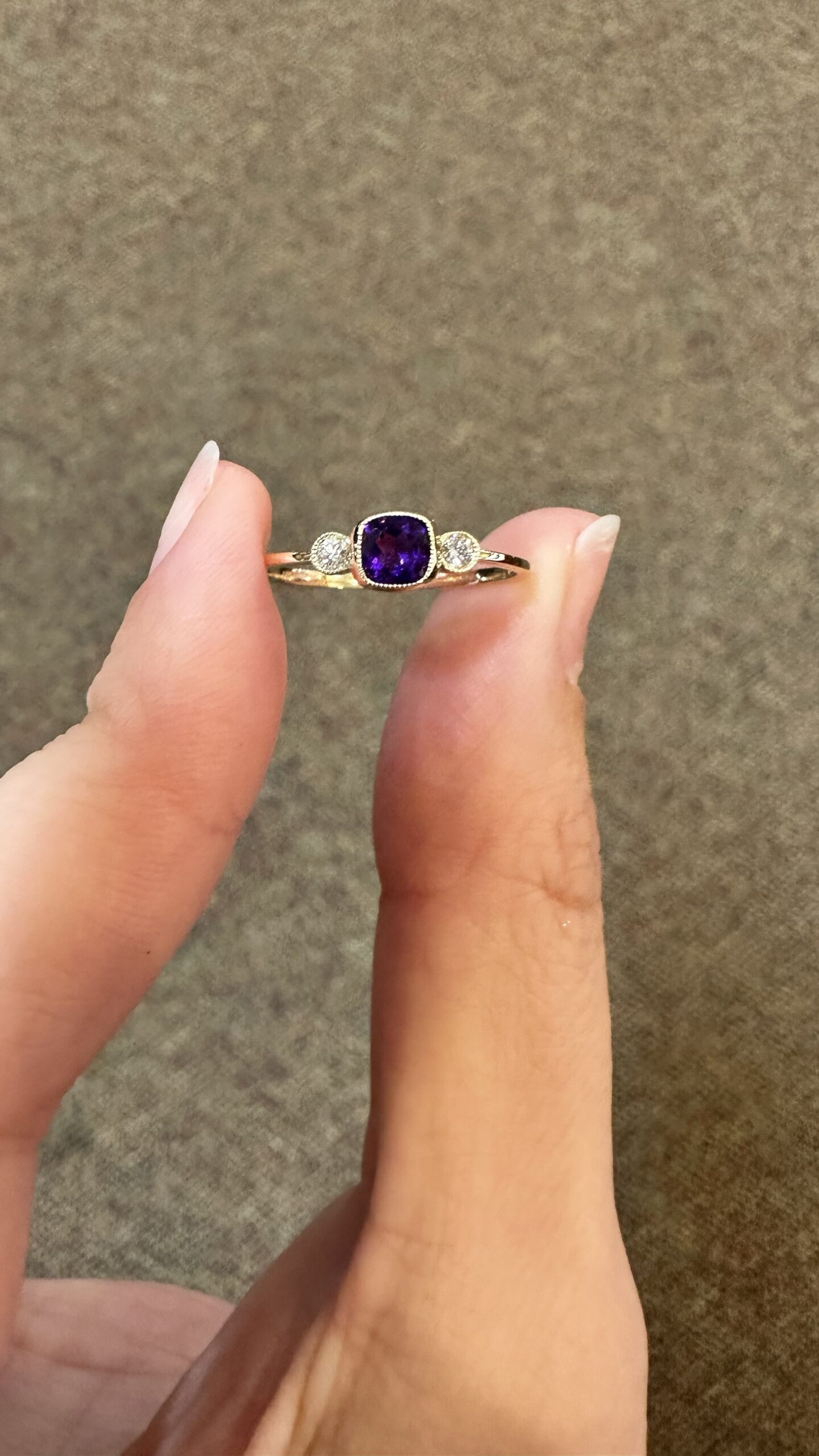 14k Yellow Gold Genuine .30 Cttw Amethyst & Diamond 3 Stone Ring - Image 3